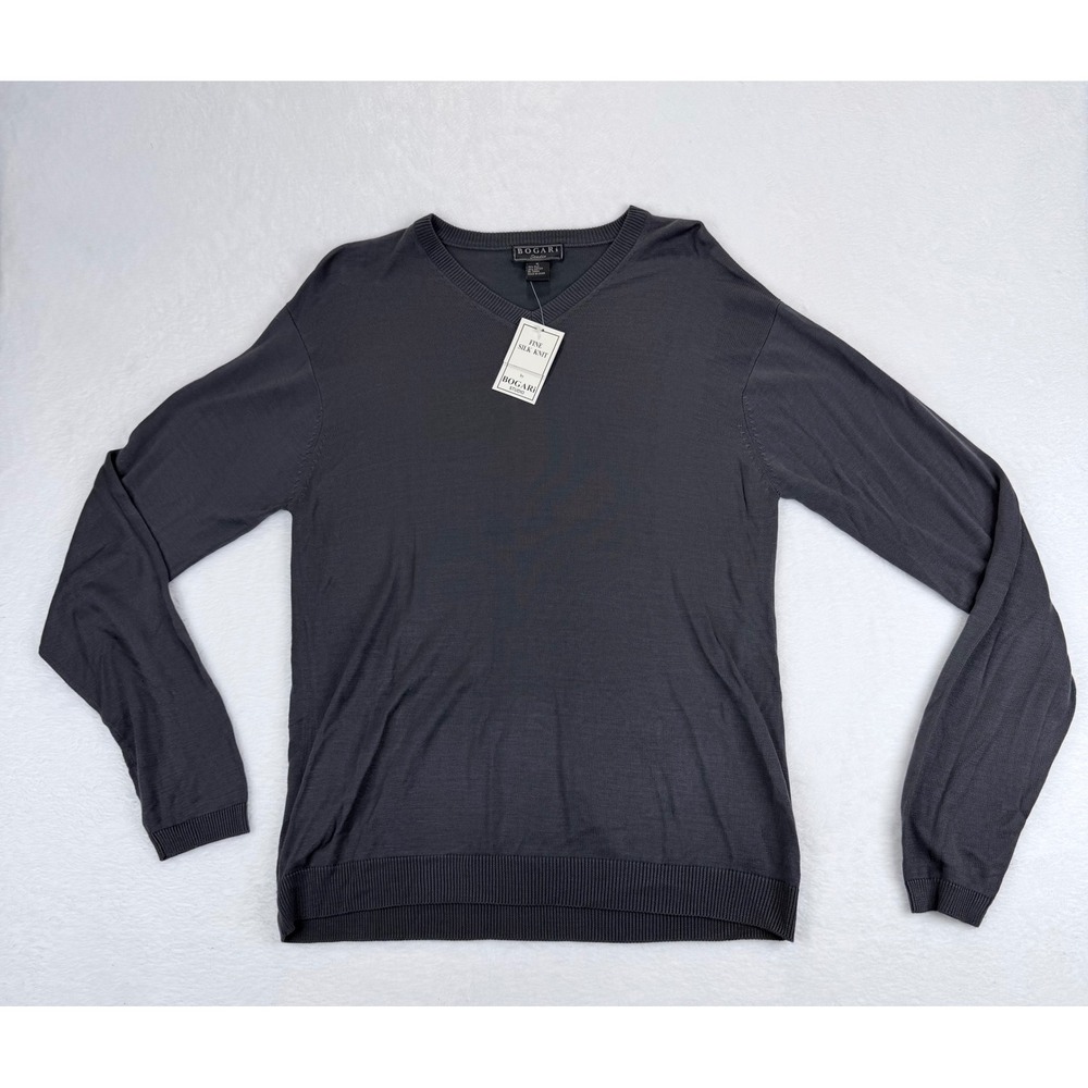 Bogari Studio Mens XL V-Neck Sweater Charcoal Grey Silk Cotton Fine Knit NWT